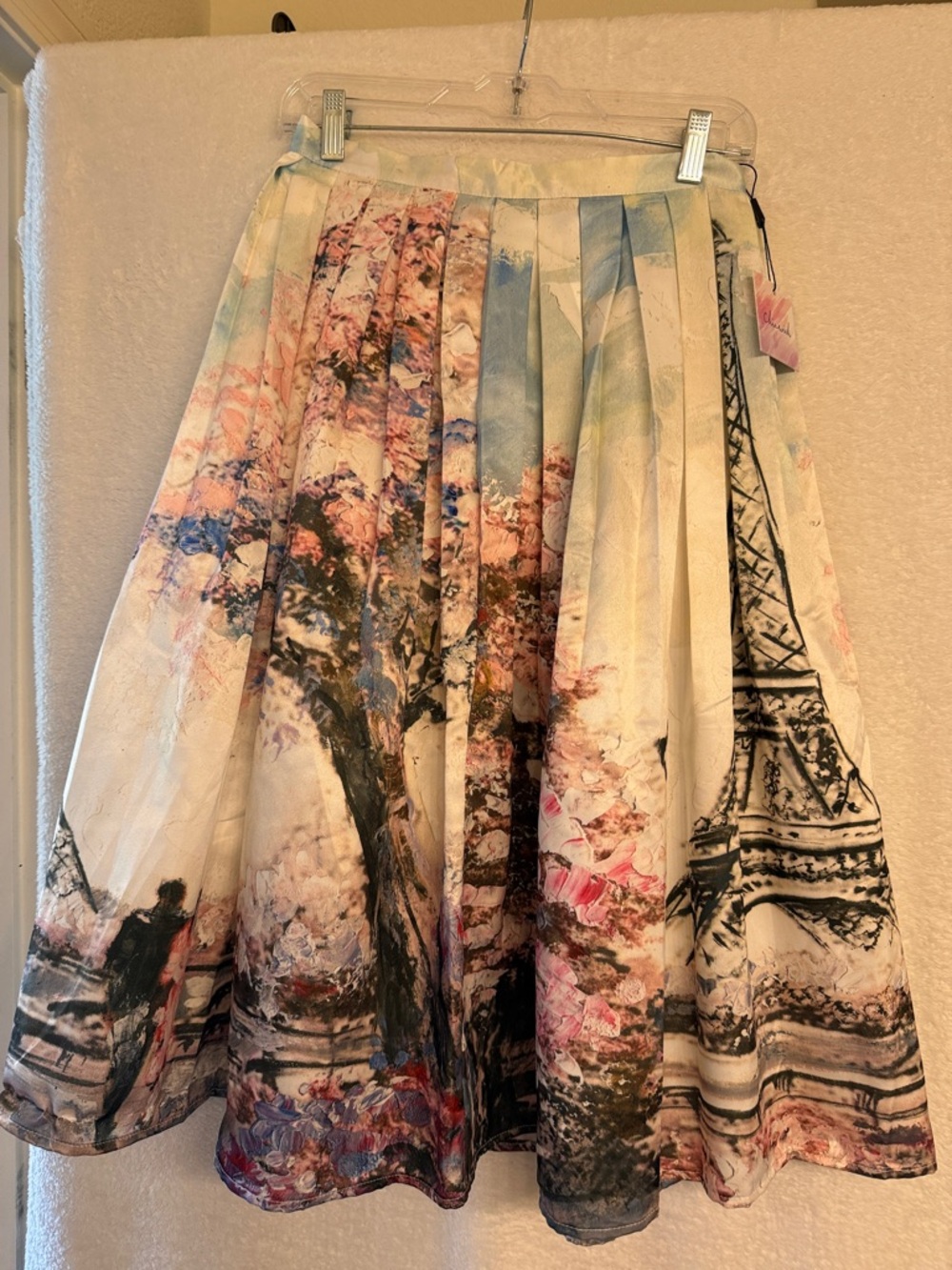 Chicwish White/Pink/Black Paris Print Pleated Midi Skirt w/extra slip for flare